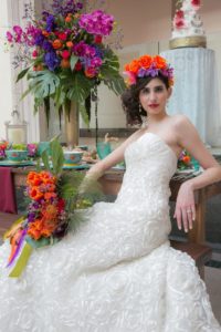 Mexican themed bridal, low side updo, red lipstick