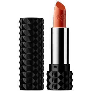 olive skin tone looks great in kat von d studded lipstick in neon clementine