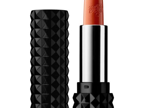 olive skin tone looks great in kat von d studded lipstick in neon clementine