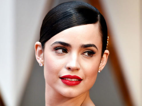 Sofia Carson look stunning wearing a dark red lip on the red carpet last night at the Oscars